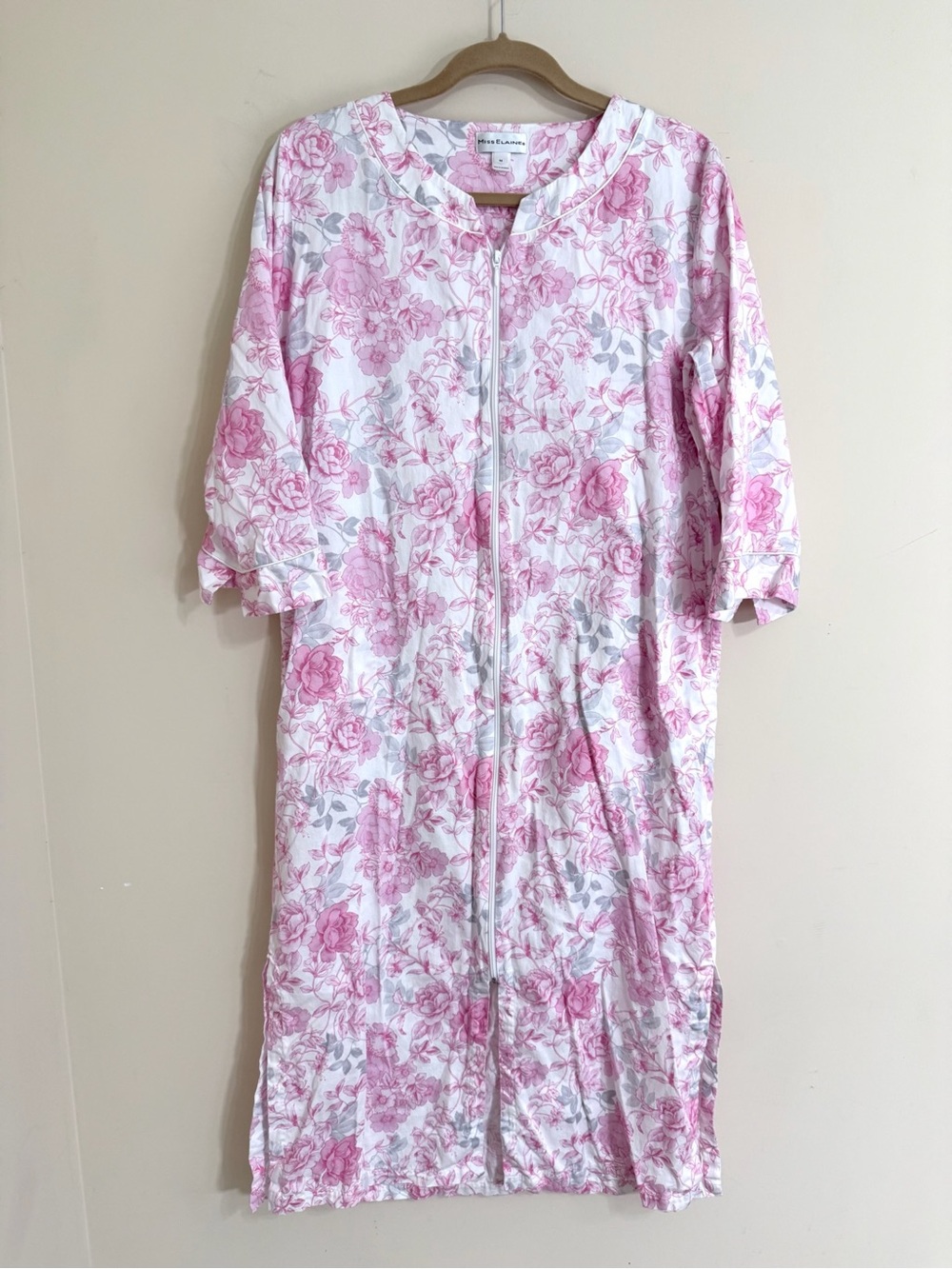 MISS ELAINE Pink Floral 100% Cotton Zip Up Sleepwear Robe Cottagecore Size M